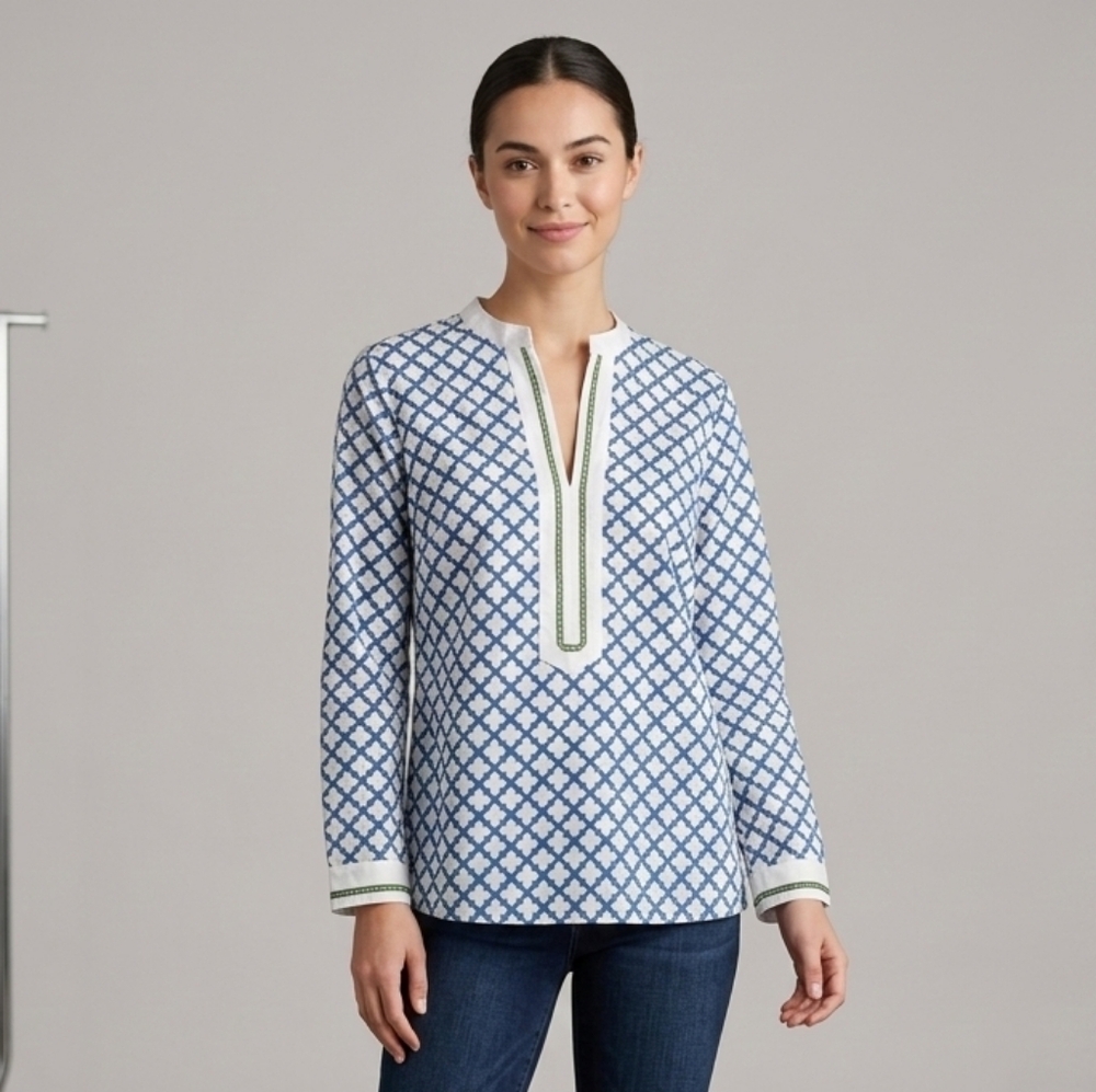 Saks‎ Fifth Avenue Stand Collar Cotton Tunic V-neck Blouse Size 2 Blue White